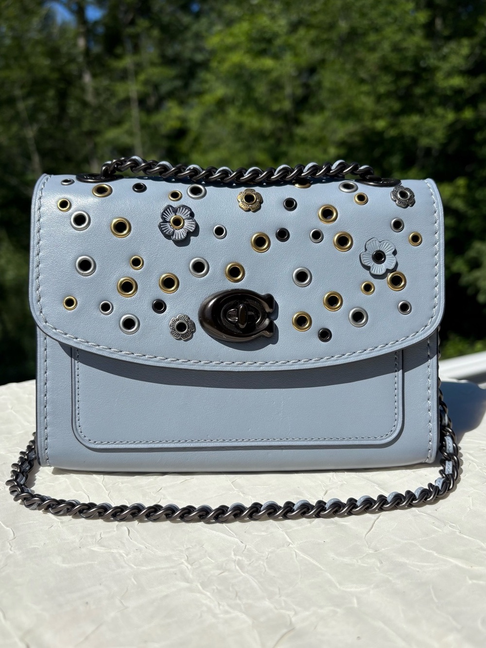 COACH Parker 18 With Scattered Rivets & Tea Roses In Powder Blue 69508